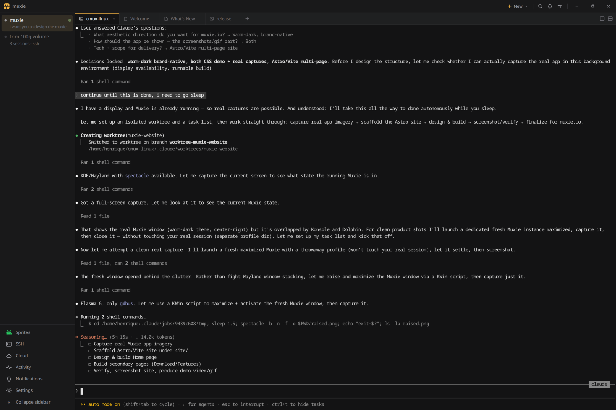 A real Muxie window showing the warm-dark theme, split terminal panes, the right-edge activity rail, and an agent session.